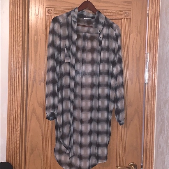 Tops - Gray plaid polyester long button  down shirt.